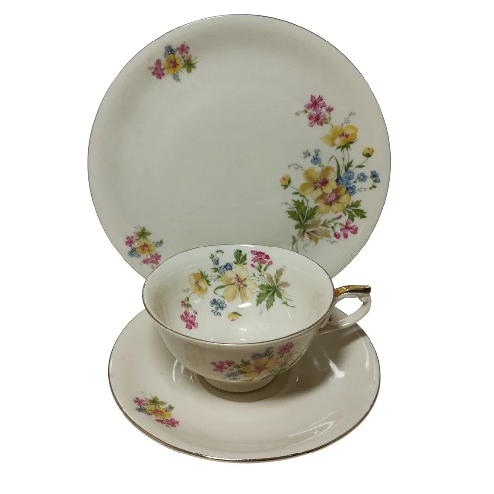 Vintage Bavaria Teacup Saucer Dessert Plate Set Floral Gold Trim Set of‎ Three
